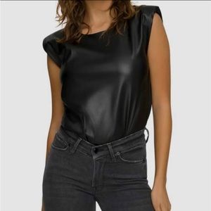GOOD AMERICAN Shoulder Faux Leather Bodysuit, Black, Size 3 Black, NWT